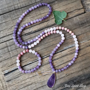 108 Natural Amethyst Rose Quartz & Rhodonite Mala Bead Necklace Jewelry > Gemstone