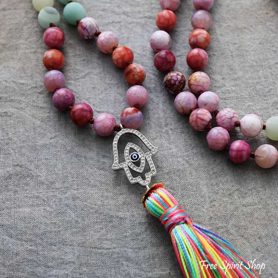 108 Purple Jasper Amazonite & Agate Hamsa Hand Mala Bead Necklace