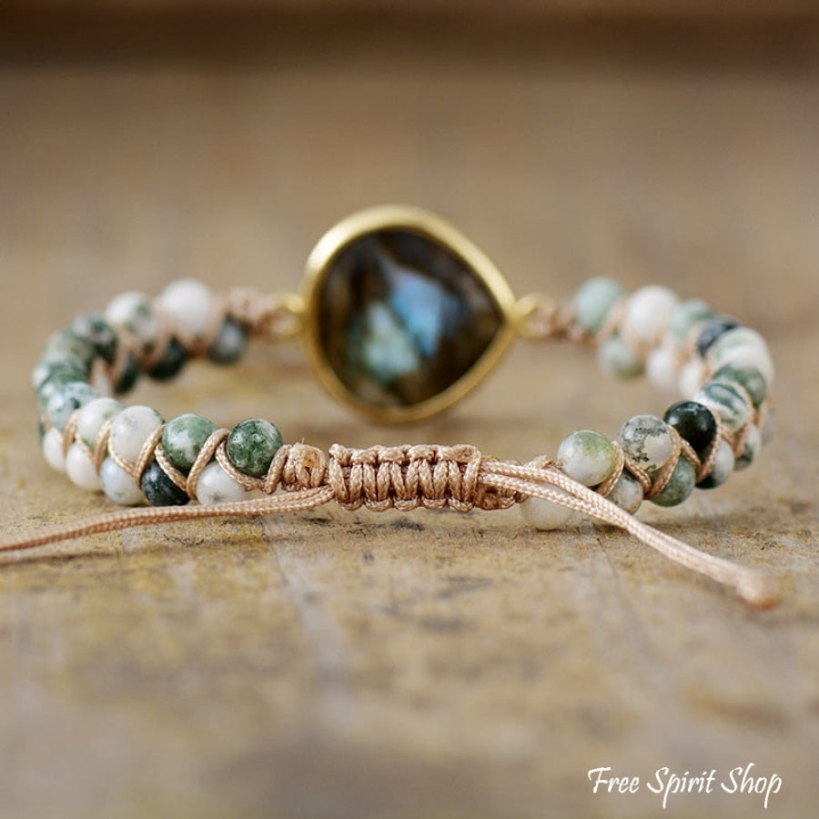 Natural Tree Agate & Labradorite Braided Bead Bracelet Jewelry > Gemstone Wrap