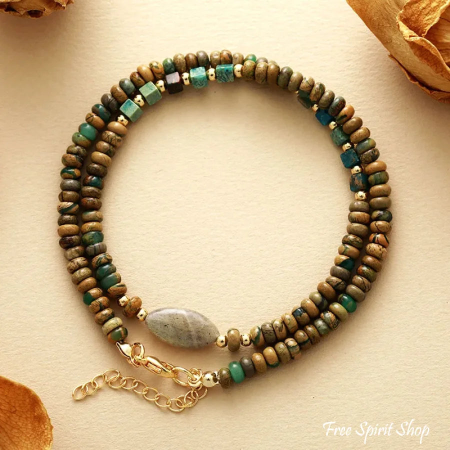 Natural Picture Jasper & Labradorite Minimalist Beaded Choker Necklace > Gemstone