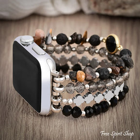 Black Moonlight Glow Beaded Apple Watch Bands with Silver Clover Charms