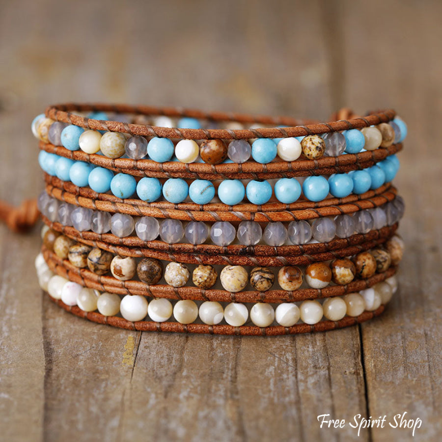 Natural Agate Jasper & Howlite Stone Leather Wrap Bracelet Jewelry > Gemstone Bead