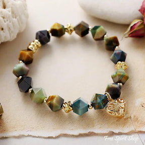 Tiger’s Eye Beaded Bracelet with Golden Heart Charm Jewelry > Bracelet > Gemstone Bead Bracelet