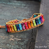 7 Chakra Jasper Tube Bead Leather Bracelet With Gold Accents Jewelry > Bracelet > Gemstone Bead Bracelet > Wrap Bracelet