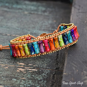 7 Chakra Jasper Tube Bead Leather Bracelet With Gold Accents Jewelry > Bracelet > Gemstone Bead Bracelet > Wrap Bracelet