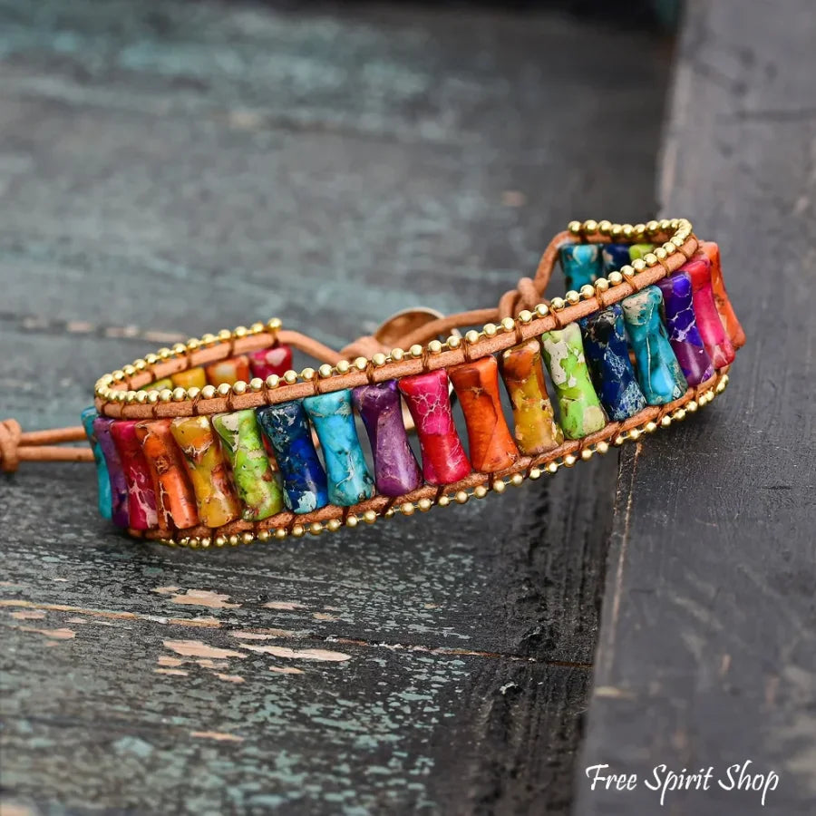 7 Chakra Jasper Tube Bead Leather Bracelet With Gold Accents Jewelry > Bracelet > Gemstone Bead Bracelet > Wrap Bracelet