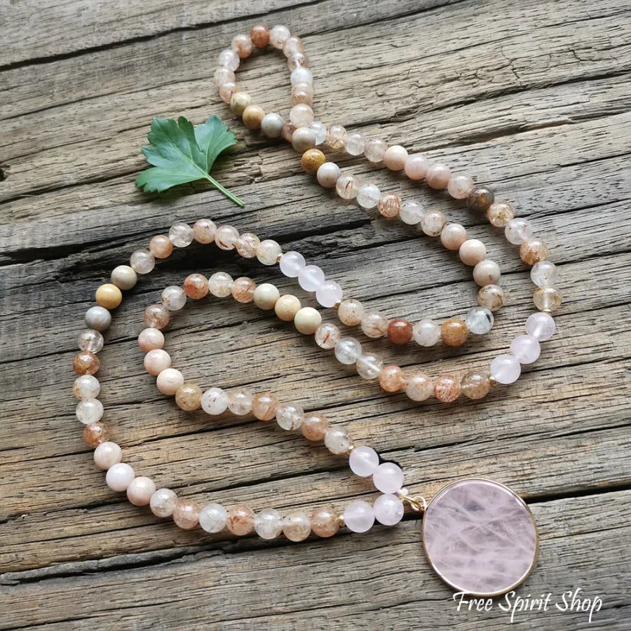 108 Natural Sunstone Rutilated Quartz & Rose Mala Bead Necklace / Bracelet