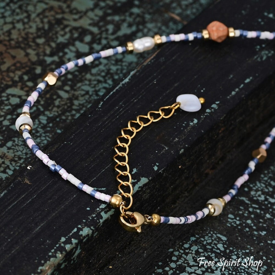 Natural Blue Sodalite Jasper & Pearl Beaded Choker Necklace Jewelry > Gemstone Bead