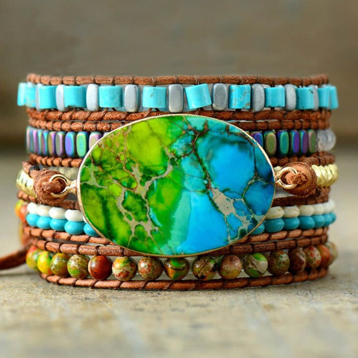 Blue & Green Jasper Rainbow Hematite Wrap Bracelet