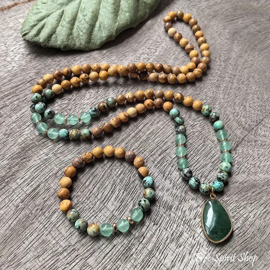 108 Natural Picture Jasper Green Quartz & African Turquoise Mala Bead Necklace