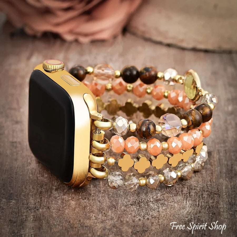 Golden Earthy Glow Beaded Fitbit Watch Band With Gold Clover Charms