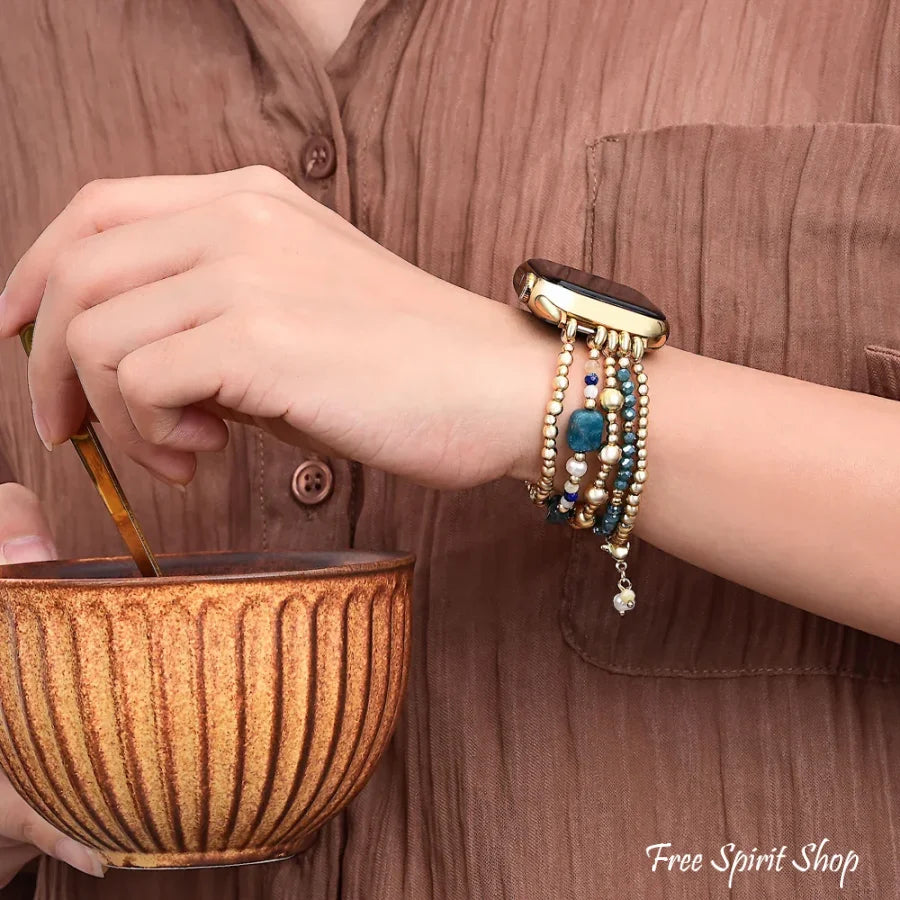 Ocean Blue Apatite Beaded Apple Watch Band Smartwatch Band / Strap > Gemstone Bead Watch Band > Beaded Apple Watch Band