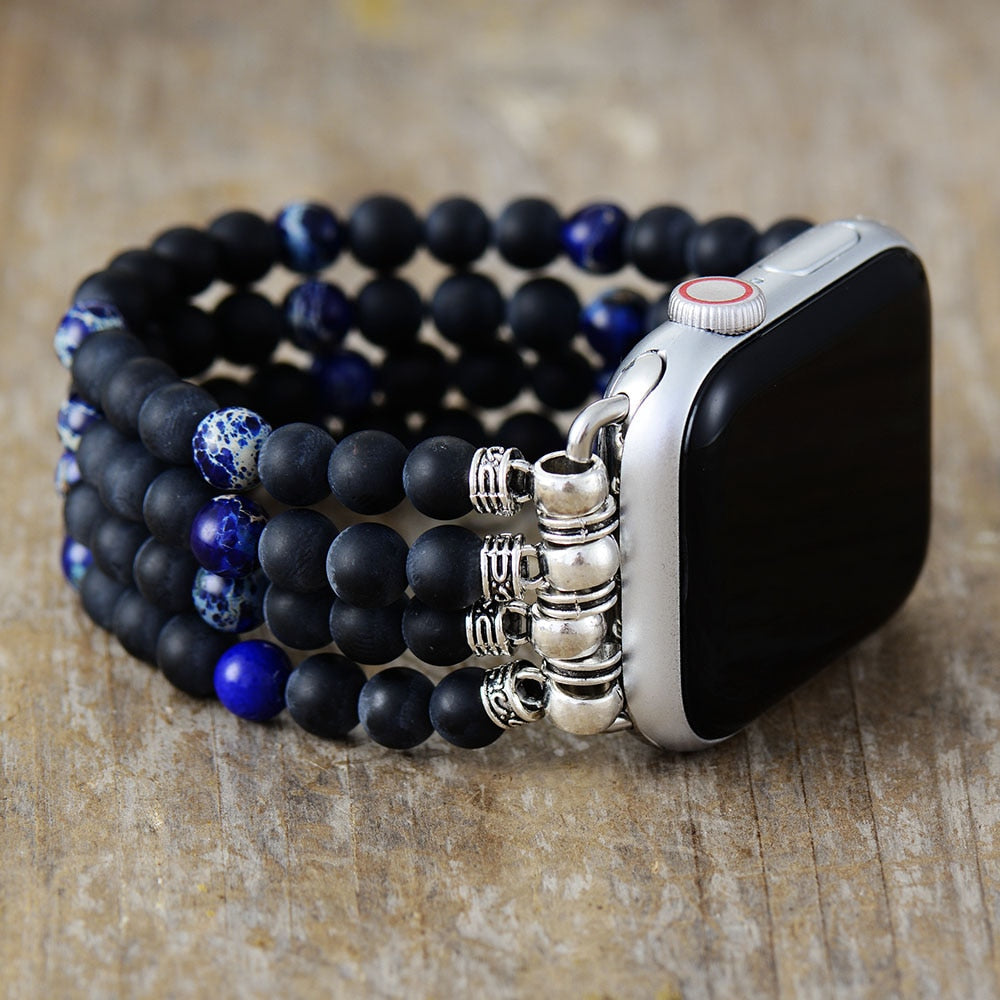 Black Onyx & Blue Jasper Beaded Stretchable Apple Watch Band