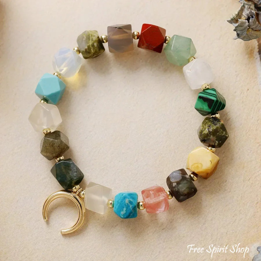 Multi Gemstone Chakra Bracelet with Crescent Moon Charm