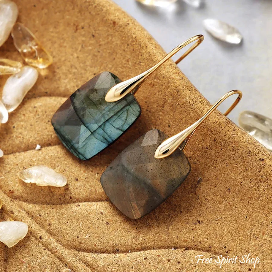 Labradorite Drop Earrings – Golden Aura Glow Rectangle Jewelry > Earrings > Gemstone Earrings