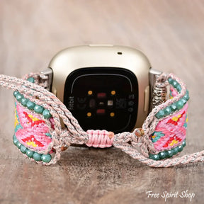 Candy Pink & Turquoise Braided Woven Nylon Fitbit Watch Band Smartwatch / Strap > Gemstone Bead