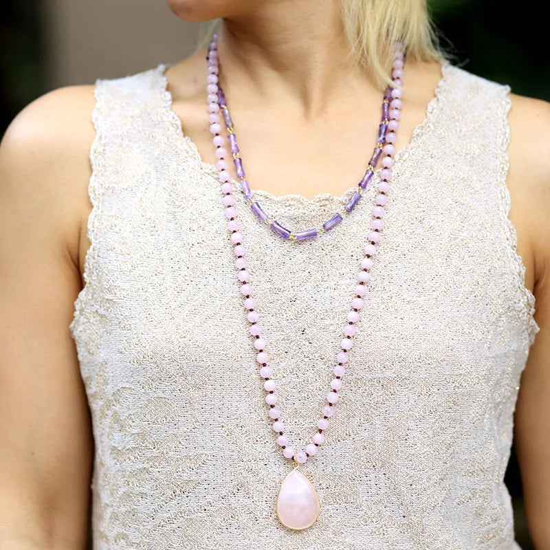 108 Natural Rose Quartz Mala Bead Necklace With Teardrop Pendant