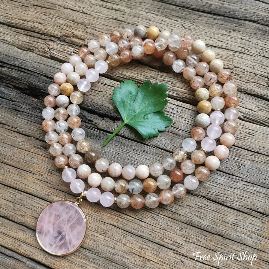 108 Natural Sunstone Rutilated Quartz & Rose Mala Bead Necklace / Bracelet