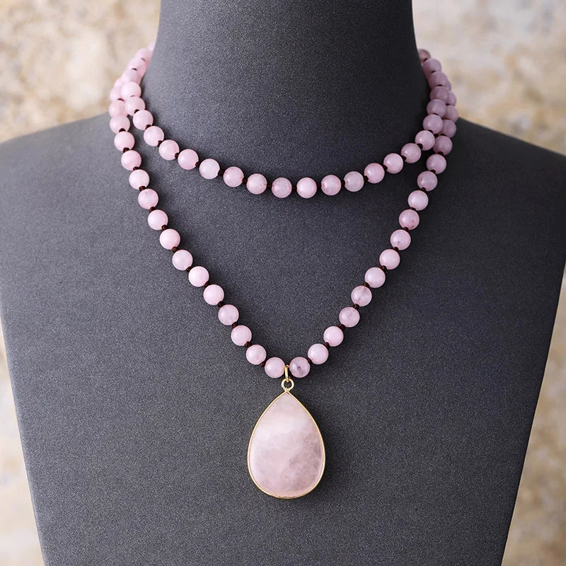 108 Natural Rose Quartz Mala Bead Necklace With Teardrop Pendant