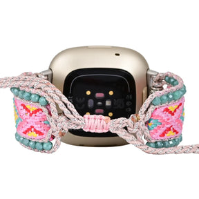 Candy Pink & Turquoise Braided Woven Nylon Fitbit Watch Band Smartwatch / Strap > Gemstone Bead