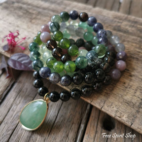 108 Natural Green Aventurine Smokey Quartz & Lepidolite Mala Bead Necklace