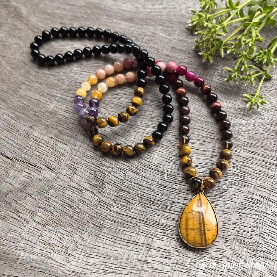 108 Natural Tiger eye Black Onyx Garrnet Sunstone & Amethyst Mala Bead Necklace Necklace Jewelry > Gemstone Bead