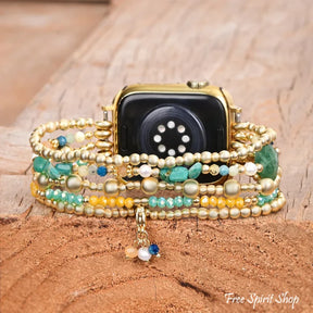 Green Strawberry Quartz Beaded Apple Watch Band with Clover Charm Smartwatch Band / Strap > Gemstone Bead Watch Band >