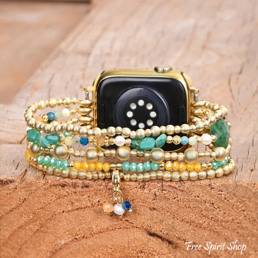 Green Strawberry Quartz Beaded Apple Watch Band with Clover Charm Smartwatch Band / Strap > Gemstone Bead Watch Band >