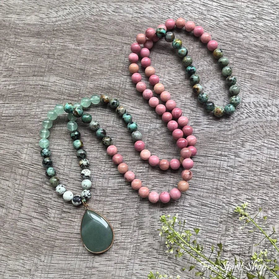 108 Natural Rhodonite Green Aventurine & African Turquoise Mala Necklace Necklace Jewelry > Gemstone Bead Necklace >