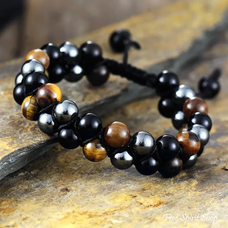 Natural Tiger Eye Hematite & Black Onyx Bead Bracelet Brown / Small-Medium (19-29Cm) Jewelry >