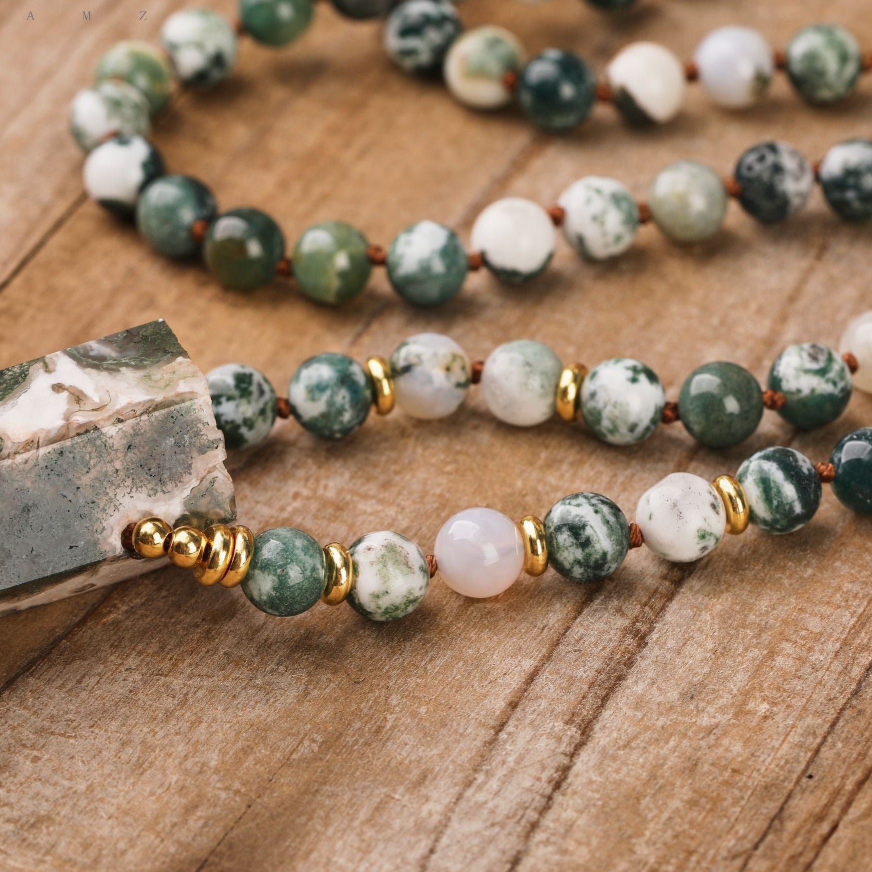 108 Natural Moss Agate Stone Mala Bead Necklace