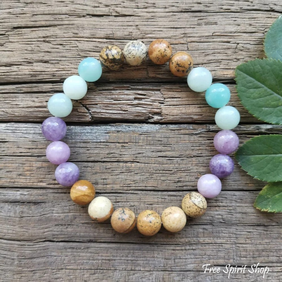 108 Natural Picture Jasper Amazonite & Lepidolite Mala Bead Necklace Jewelry > Gemstone