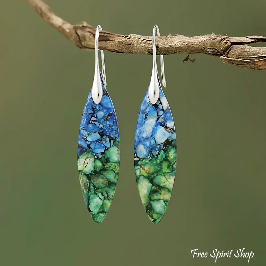 Blue Jasper Leaf Earrings - Green Blue S - Jewelry > Earrings > Gemstone Earrings