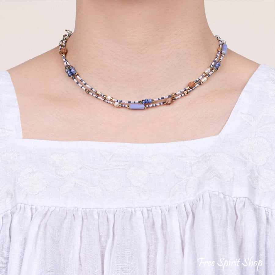 Natural Blue Sodalite Jasper & Pearl Beaded Choker Necklace Jewelry > Gemstone Bead