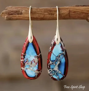 Blue Jasper Leaf Earrings - Red Gold - Jewelry > Earrings > Gemstone Earrings