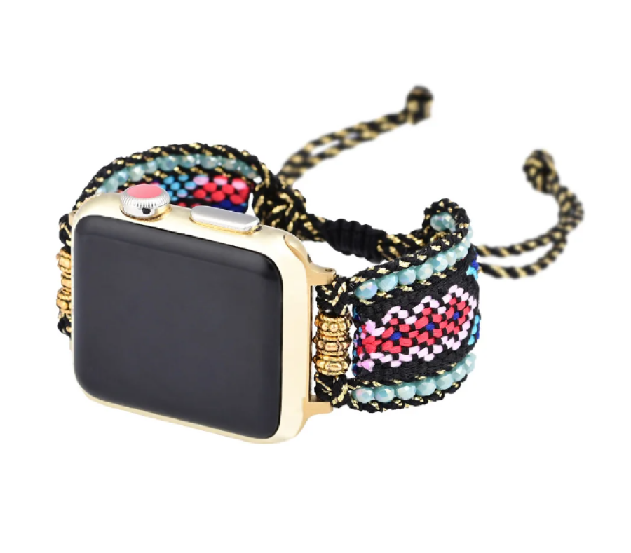 Black & Pink Braided Woven Nylon Adjustable Apple Watch Band Smartwatch / Strap > Gemstone Bead