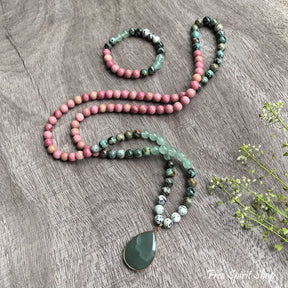 108 Natural Rhodonite Green Aventurine & African Turquoise Mala Necklace Set Jewelry > Gemstone Bead Necklace > 108