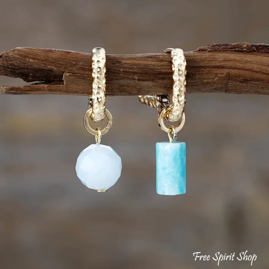 Asymmetrical Natural Amazonite Gold Hoop Earrings