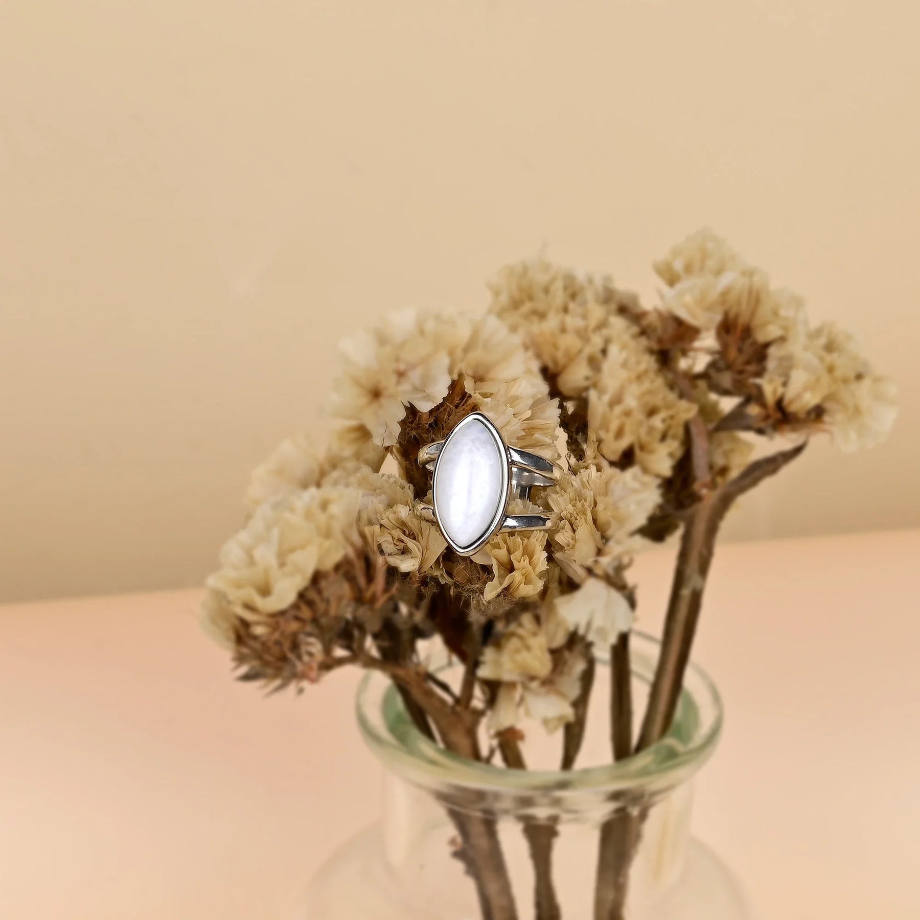 Natural Moonstone Almond Shape Silver Ring