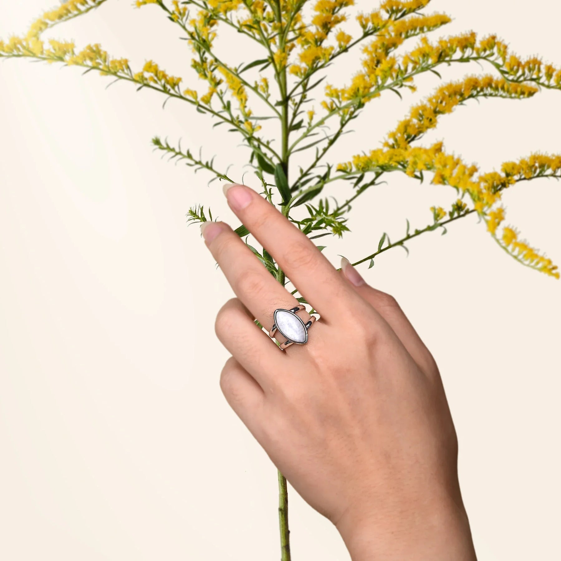 Natural Moonstone Almond Shape Silver Ring