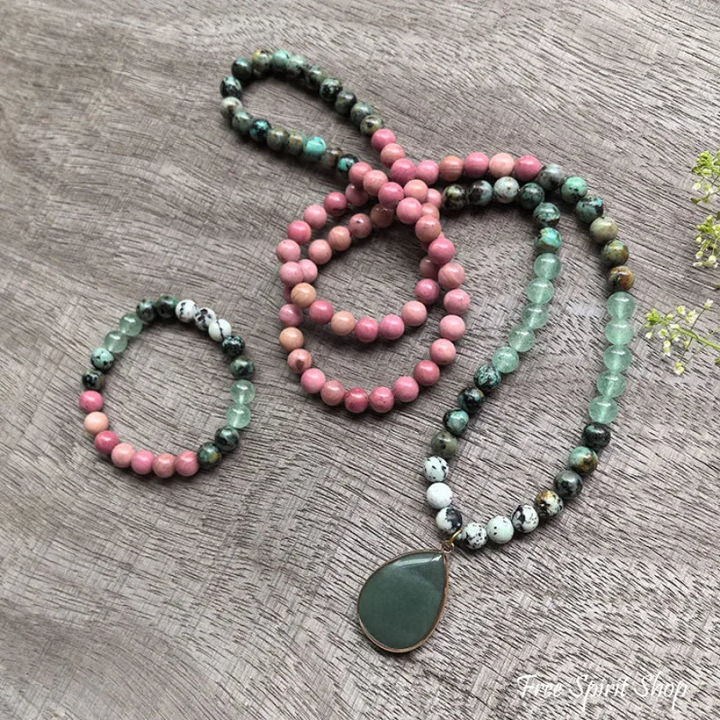 108 Natural Rhodonite, Green Aventurine & African Turquoise Mala Necklace