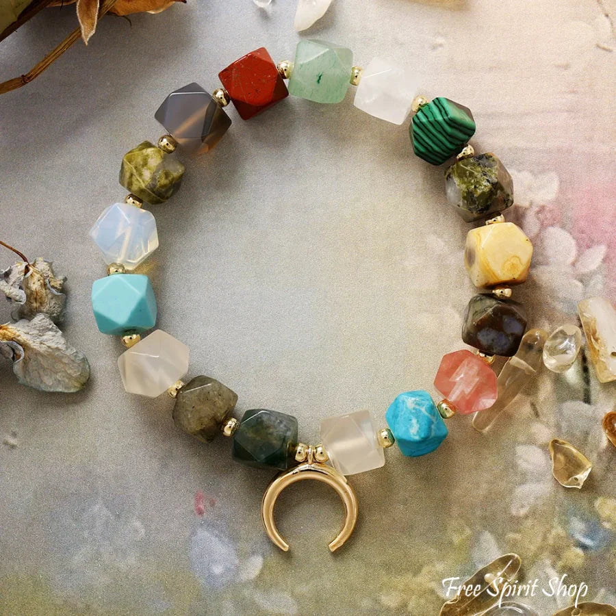 Multi Gemstone Chakra Bracelet with Crescent Moon Charm Chakra / Woman