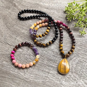 108 Natural Tiger eye Black Onyx Garrnet Sunstone & Amethyst Mala Bead Necklace Jewelry > Gemstone Bead Necklace > 108