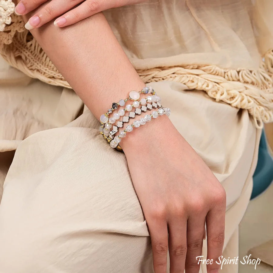 White Crystal Glow Beaded Fitbit Watch Band with Clover Charms