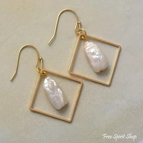 Freshwater Pearl Geometric Square Dangle Earrings - Jewelry > Earrings > Gemstone Earrings