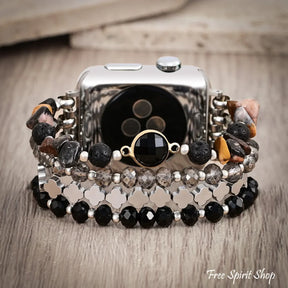 Black Moonlight Glow Beaded Apple Watch Bands with Silver Clover Charms