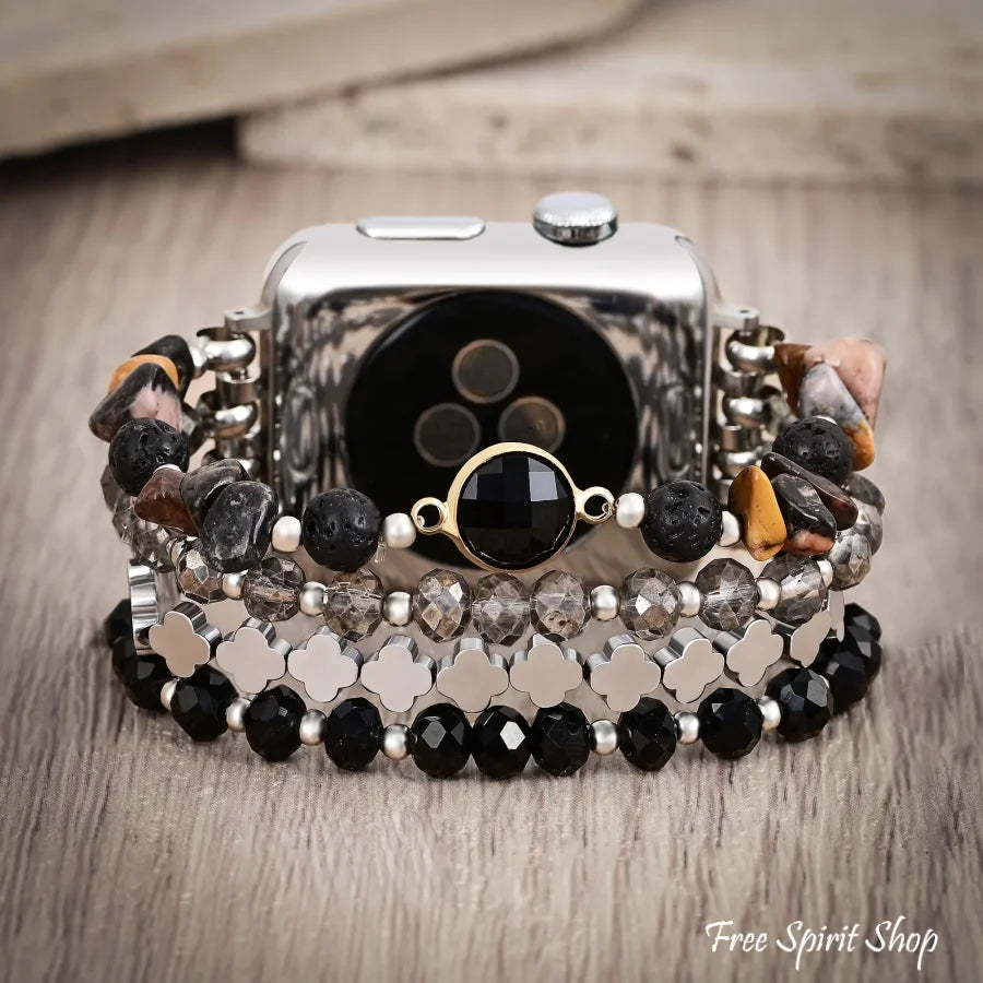 Black Moonlight Glow Beaded Fitbit Watch Bands with Silver Clover Charms