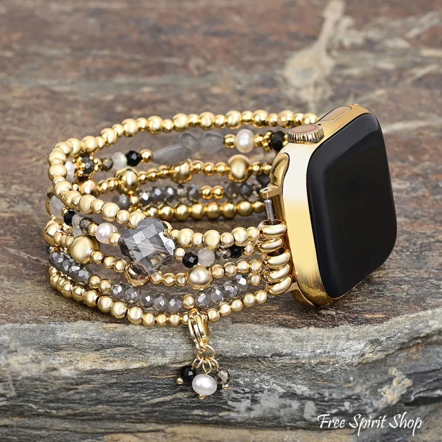 Gray Crystal Beaded Apple Watch Band with Clover Charm Large / Apple 38-41mm Smartwatch Band / Strap > Gemstone Bead