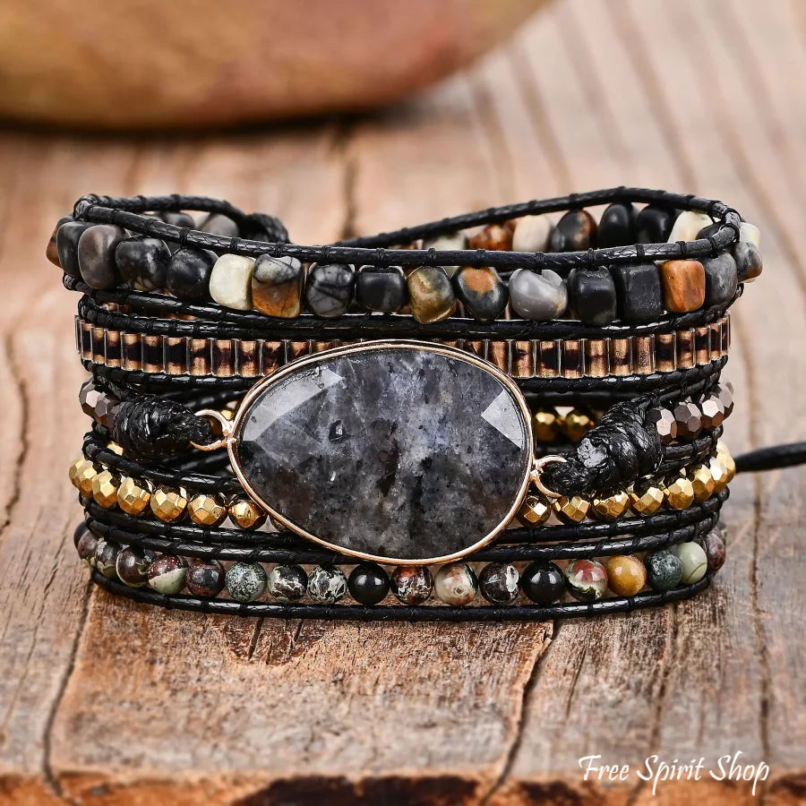 Natural Black Labradorite & Picasso Jasper Beaded Wrap Bracelet