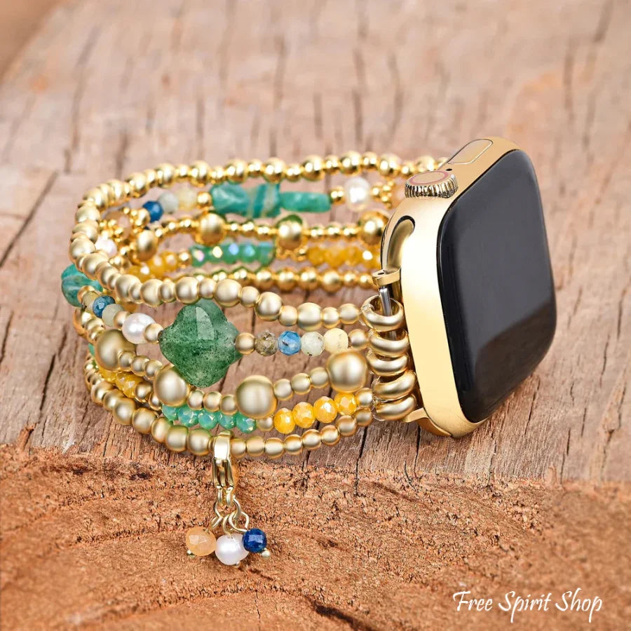 Green Strawberry Quartz Beaded Apple Watch Band with Clover Charm Small / Apple 38-41mm Smartwatch Band / Strap >